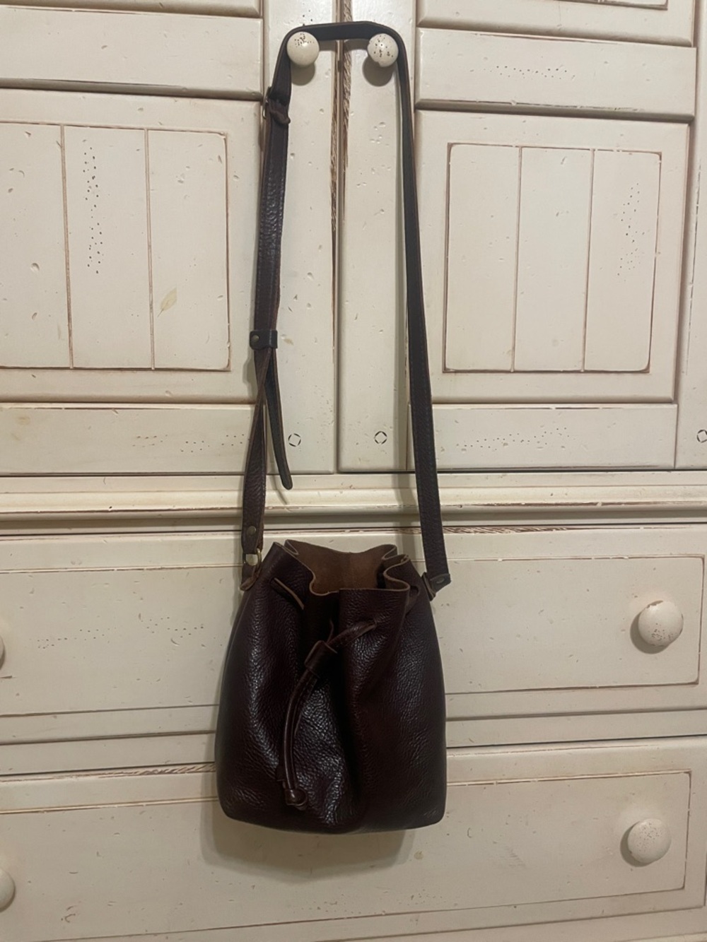 Portland Leather Dark Brown Pebbled Drawstring Crossbody Bag